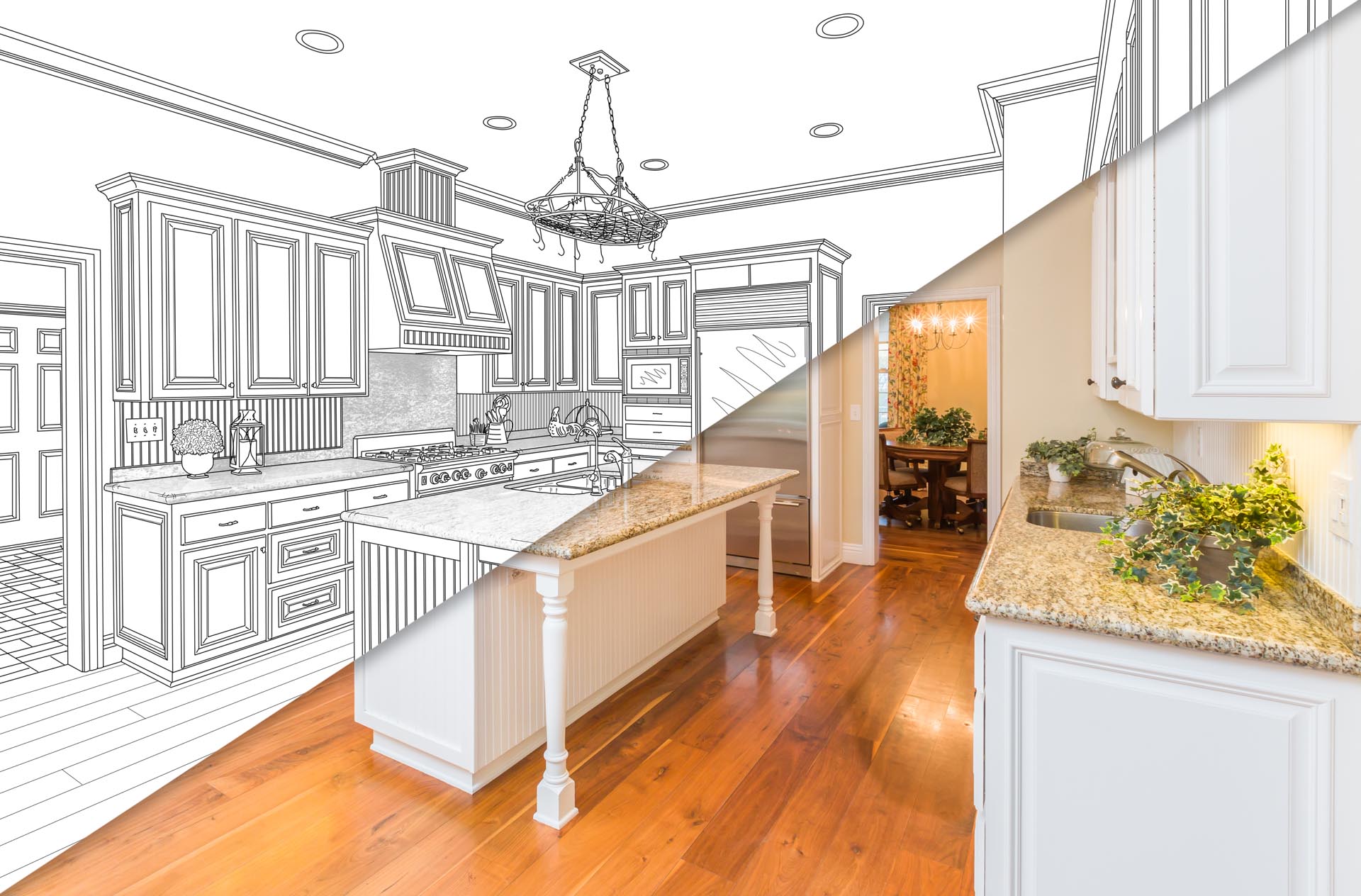 Diagonal Split Screen Of Drawing and Photo of Beautiful New Kitchen.